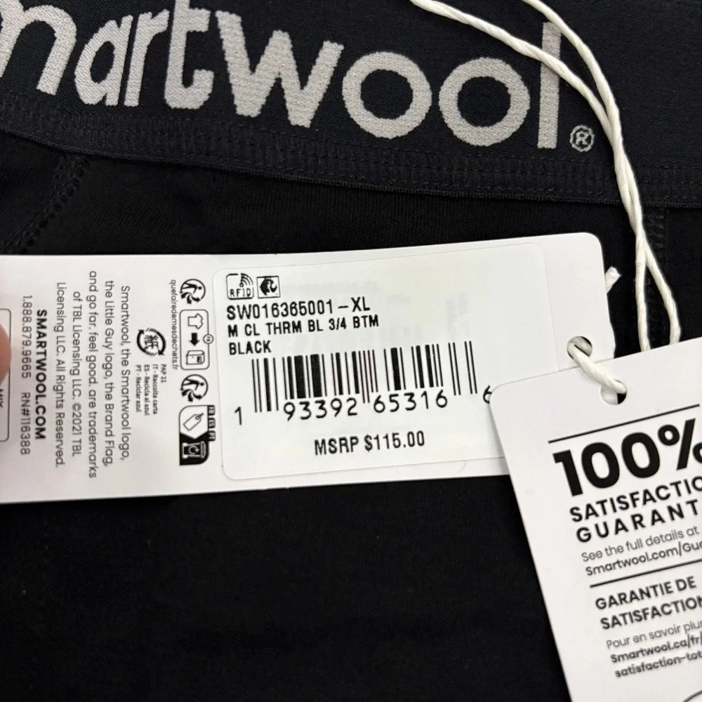 Smartwool Base Layer Bottoms Men XL Black Merino Wool Thermal 3/4 Leggings New